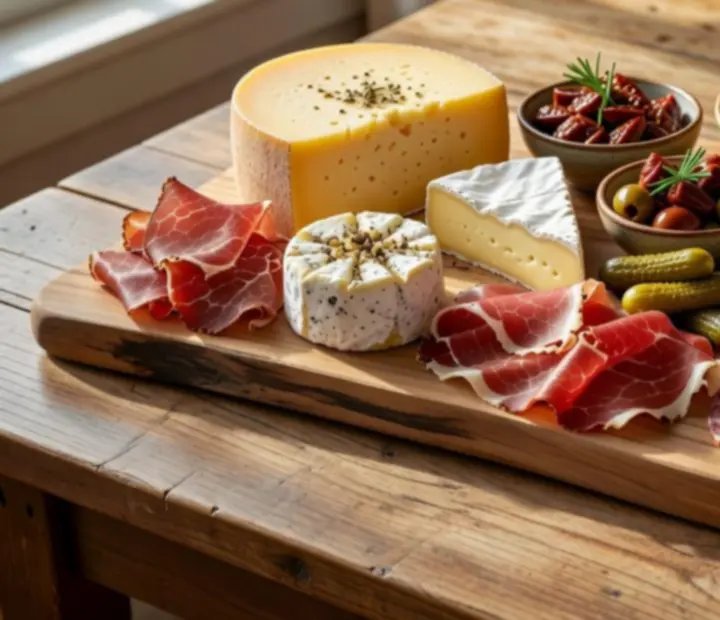 Artisanal charcuterie board with cheeses, cured meats, olives and bread on a refined table
