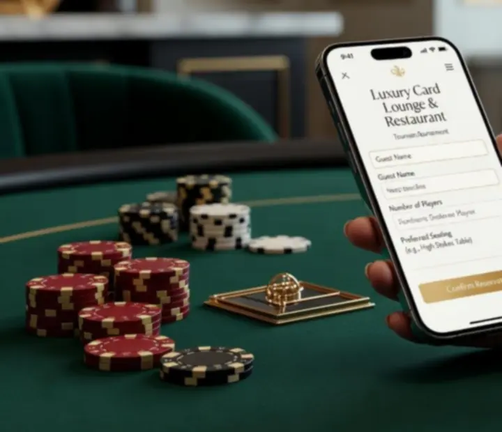 Mobile phone displaying a poker tournament booking interface