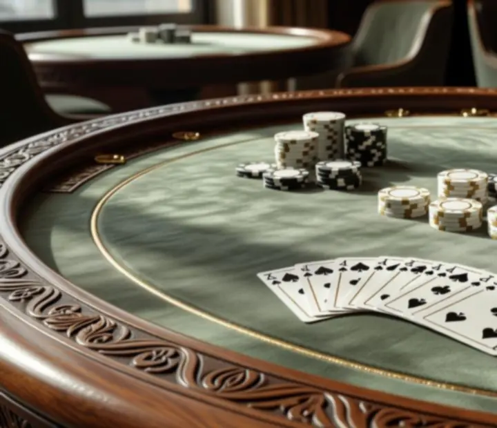 Custom wooden offline poker table at Theam Berttable with sage felt and ceramic chip stacks.