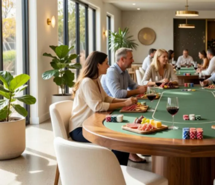 Sunlit poker table set for dining at Theam Berttable, featuring cards, chips, and artisanal dishes