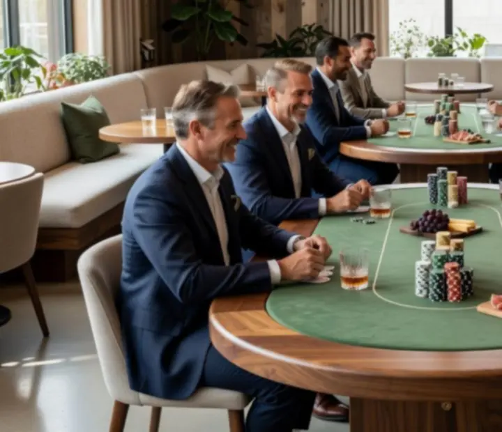 Daylight poker lounge with custom tables and guests enjoying offline poker