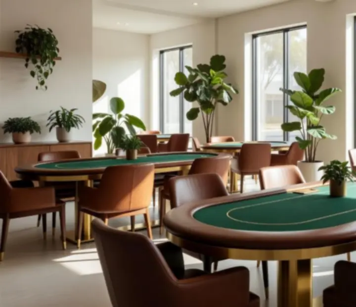 Sunlit high roller poker lounge with sage felt tables and leather seating