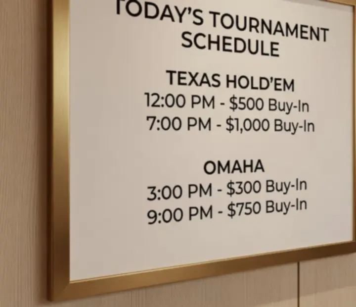 Elegant tournament schedule board inside Theam Berttable card room