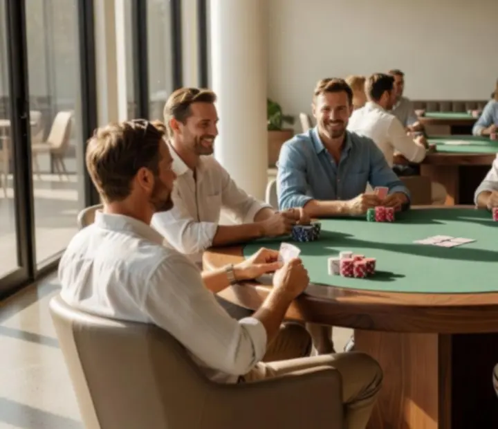 Daylight poker tournament table at Theam Berttable with sage felt and neatly stacked chips