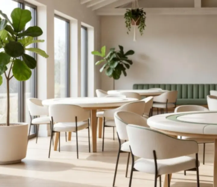 Sun-drenched dining room interior with custom poker tables and soft ivory linens