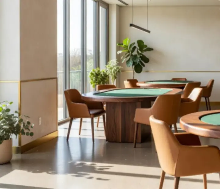 Sunlit Australian offline poker room at Theam Berttable with handcrafted tables and guests enjoying social poker.