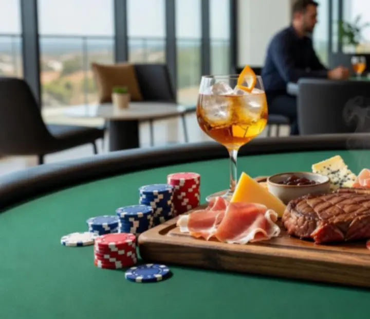 Tableside cocktail and refined plates beside a poker chip stack at Theam Berttable