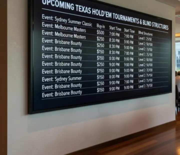 Tournament schedule display with blind structure and chip stacks