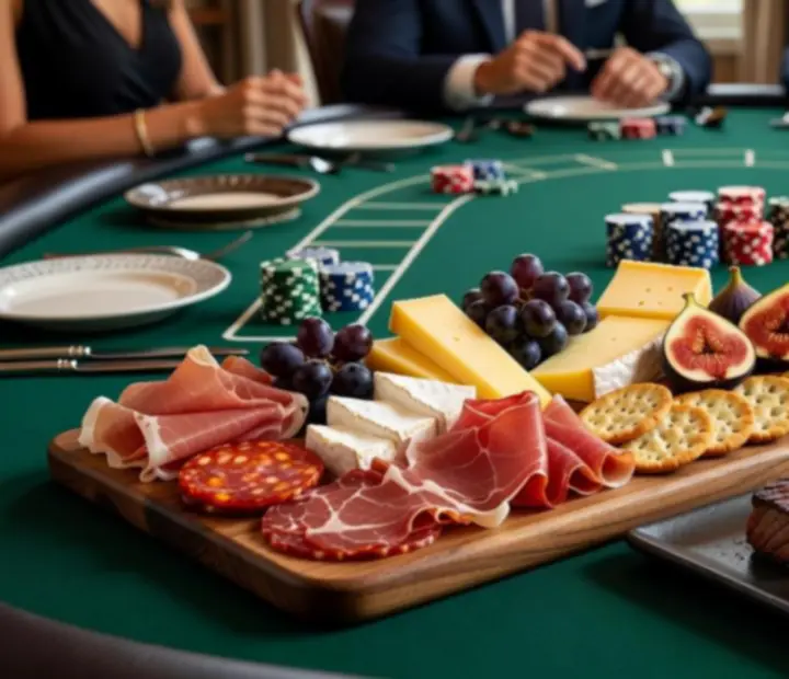 Gourmet snacks and drinks served at a poker tournament table